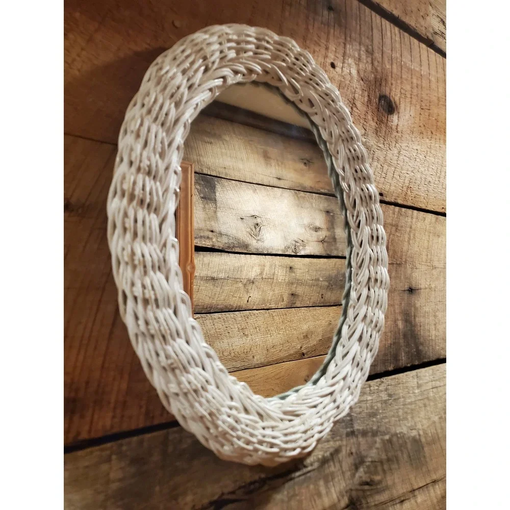 Vintage 1970s White Wicker Oval Wall Mirror 14